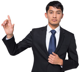 Digital png photo of biracial businessman pointing with finger on transparent background