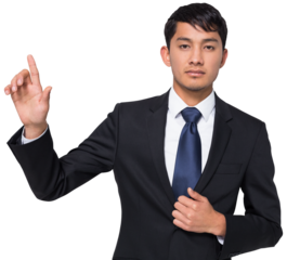 Digital png photo of biracial businessman pointing with finger on transparent background