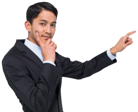 Digital png photo of biracial businessman pointing on transparent background - Powered by Adobe