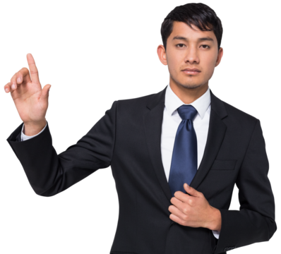 Digital png photo of biracial businessman pointing with finger on transparent background