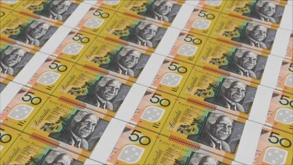 50 AUSTRALLIAN DOLLAR banknotes printed by a money press