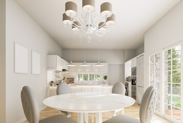Modern luxury empty white dining table top for copy space with kitchen background 3d render there are wooden floor decorated with chandelier and white window overlooking nature view