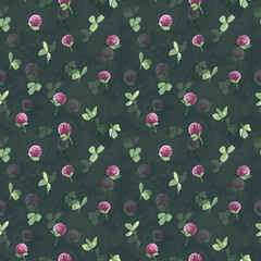 Watercolor botanical seamless pattern meadow wildflowers Clover. Hand drawn lilac flowers, natural elements on dark background. For t-shirt print, wear fashion design, linens, wallpaper, textile.