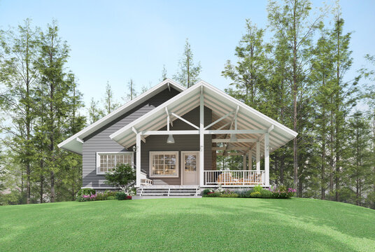 Modern luxury american farmhouse style small house exterior on hillside with green lawn, 3d render with gray plank walls and showing white roof structure surrounded by pine forest.