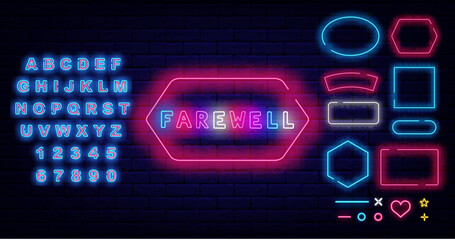 Farewell neon label. Geometric frames collection. Colorful handwritten text. Goodbye sign. Vector stock illustration