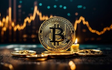 Gleaming Stack of Golden Bitcoins Illuminated by Blockchain Mining