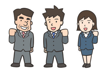 ガッツポーズをするスーツ姿の男女