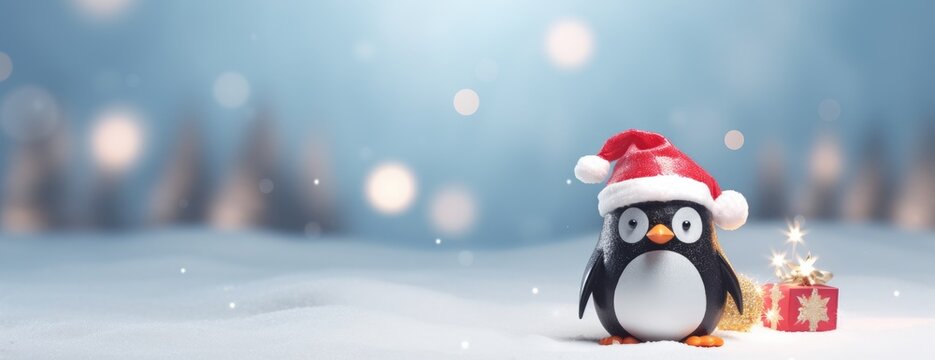 Xmas winter cartoon penguin wearing a red santa hat. Horizontal Christmas banner, web poster, header cap for website. Merry Christmas Happy New Year. Festive bright beautiful background. generative ai