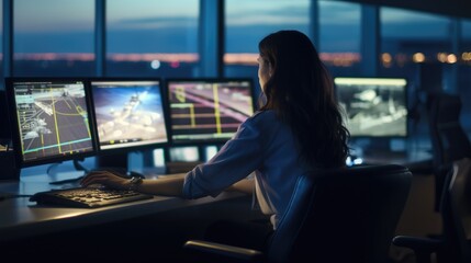 Woman working as air traffic controller in airport control tower, Generative AI - obrazy, fototapety, plakaty