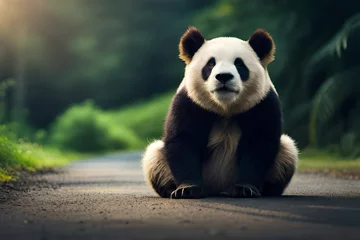 Tuinposter giant panda eating bamboo © tippapatt