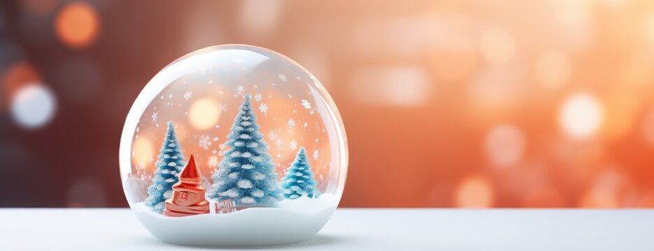 Glass Snowball With Trees. Xmas Winter Glass Snow Globe. Horizontal Christmas Banner, Web Poster, Header Cap For Website. Merry Christmas, Happy New Year. Festive Beautiful Background. Generative Ai