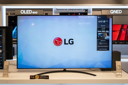 LG TV displaying logo of LG inside electronics store. Minsk, Belarus, 2023