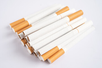 Cigarette, tobacco in roll paper with filter tube, No smoking concept.