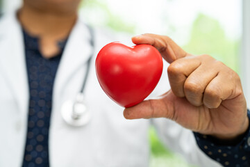 Doctor holding a red heart in hospital ward, healthy strong medical concept.