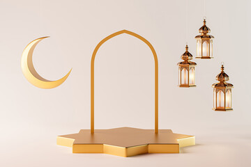 3d render of isolated Islamic background with ramadan lantern, crescent and golden pedestal. Mockup for greeting cards for ramadan kareem, mawlid, iftar, isra miraj, eid al fitr adha and muharram