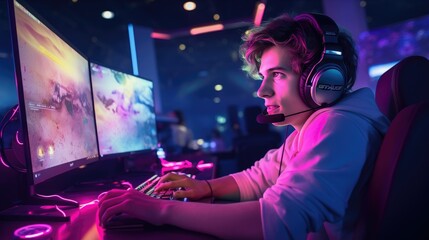 Young male gamer immersing himself in a pc gaming session with a headset- generative AI, fiction Person