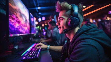 Young male gamer immersing himself in a pc gaming session with a headset- generative AI, fiction Person