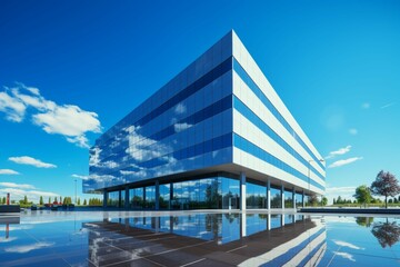 Blue-sky backdrop complements a sleek modern office building, representing corporate sophistication.