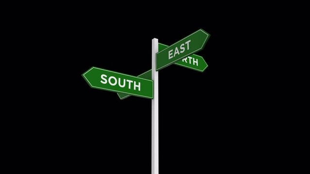 Road sign with four wind direction text rotating on alpha channel background in seamless loop.