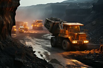 Bustling coal mine: Heavy trucks, excavators define landscape of active mining industry. - obrazy, fototapety, plakaty