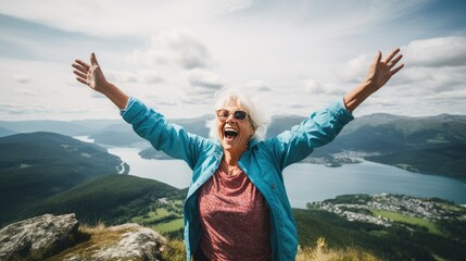 Hiking achievement: Senior woman celebrating on a mountaintop- generative AI, fiction Person