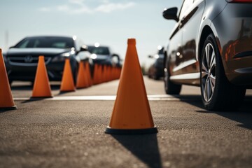 Car navigates traffic cones, a vital component of the driving license test. - obrazy, fototapety, plakaty