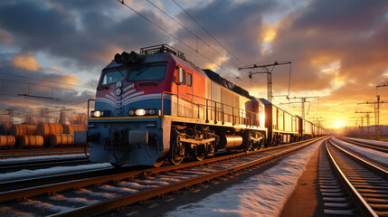 Freight rail transport, locomotive with cargo containers - obrazy, fototapety, plakaty