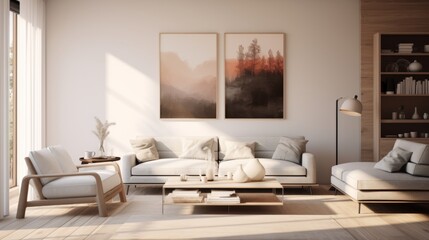 Stylish Scandinavian style interior design of modern living room with two frames above white cozy sofa with pillows. Two chair with table and natural light.