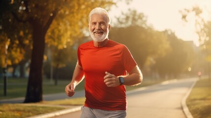 Senior man going for a run and living a healthy lifestyle for longevity- generative AI, fiction Person