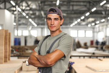 Portrait of young male carpenter standing in the wood workshop