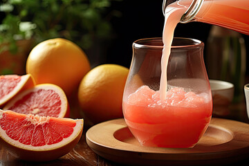 person pouring grapefruit juice into glass, generative ai