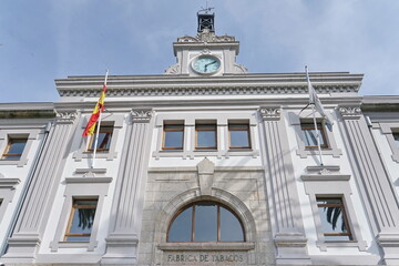 Detail of the facade of the old 'Fabrica de Tabacos', in the city of Coruna. It currently houses the Provincial Court Coruna, Galicia, Spain 04/28/2023
