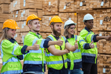 Team engineering worker technician, workshop manufacturing wooden, Teamwork in wood warehouse industry factory. Group professional technician industrial.