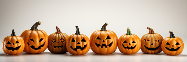 Halloween Pumpkins Set. Happy Magical Holiday Jack o Lanterns Isolated on White Background. For designers, decoration, postcards, wrapping paper, covers. Scary and Creepy Helloween holiday characters 