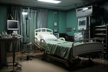 Solitary bed fills vacant hospital room, untouched by any presence or activity.