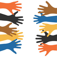 Fototapeta premium Different colors of hands drawn. Vector background illustration multi ethnic hands, peoples, coexistence harmony, community, friendship, peace,joy, children's hands. Element for print, card, design