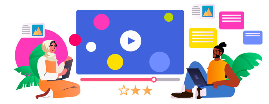 mix race students watching lecture recordings podcast courses audio video recording online education e-learning concept - Powered by Adobe