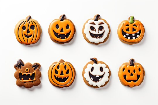 Pattern Of Halloween Homemade Glazed Cookies On White Background. Top View. Generative AI.