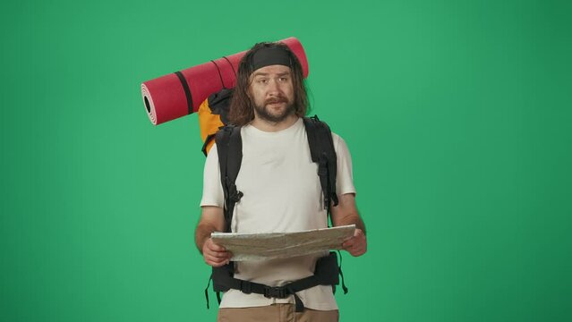 Man tourist with backpack holding paper map, looking clueless tries to find the right direction. Isolated on green background.