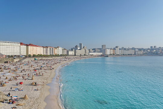 View of Orzan beach on the night of San Juan Coruna, Galicia, Spain 06/23/2023