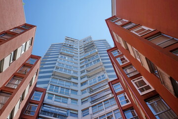 View of buildings from Federico Tapia street, in the center of the city of Coruna Coruna, Galicia, Spain 07262023