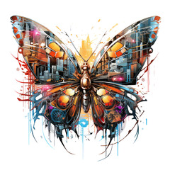 A futuristic butterfly t-shirt design with a high-tech twist, featuring a cybernetic butterfly with glowing neon lines and digital elements, Generative Ai