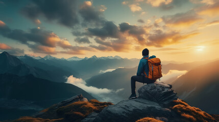 Man hiker sitting on top of a mountain with a backpack, looking at the sunset with sky and clouds background landscape - Powered by Adobe