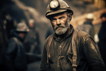 Obraz premium Portrait of a male miner with helmet ready to work in the mine , gold rush