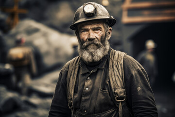 Portrait of a male miner with helmet ready to work in the mine , gold rush