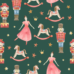 Pattern with Vintage Christmas retro toys. Watercolor Illustrations of hand made nutcracker, ballerina, rocking horse, Christmas leaves, berries, eucalyptus.