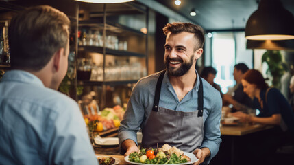 Smiling male cook is serving dish to restaurant customers and chat with them