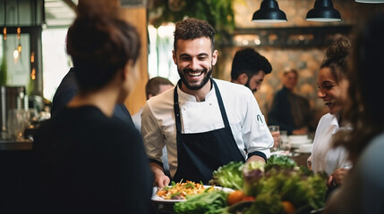 Smiling male cook is serving dish to restaurant customers and chat with them