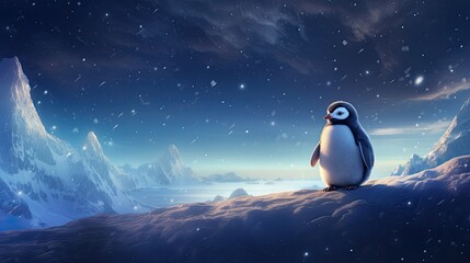 A fluffy penguin chick gazing in wonder at a glowing star. Icy tundra backdrop with a pristine snowbank void of any footprints - obrazy, fototapety, plakaty