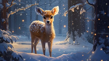 Fawn with sparkling eyes, adorned with tiny bells around its neck. Snowy forest glade with a clear space where snow hasn't been disturbed